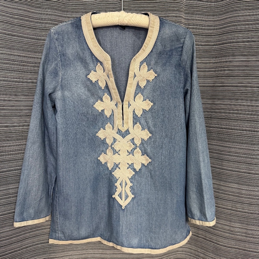 J Crew Cotton Denim Peasant Blouse Size 4